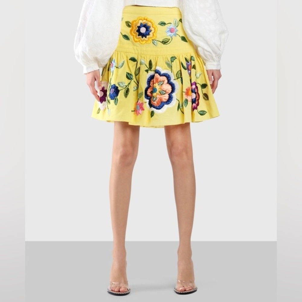 Alexis Kasandra Embroidered Floral Skirt Pattern Yellow Mini RARE HTF SZ Medium - Picture 3 of 16
